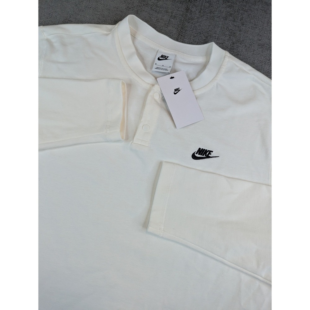NWT Nike Club Shirt Mens Sz M Cream Henley Long Sleeve Snap Cotton Logo Basics